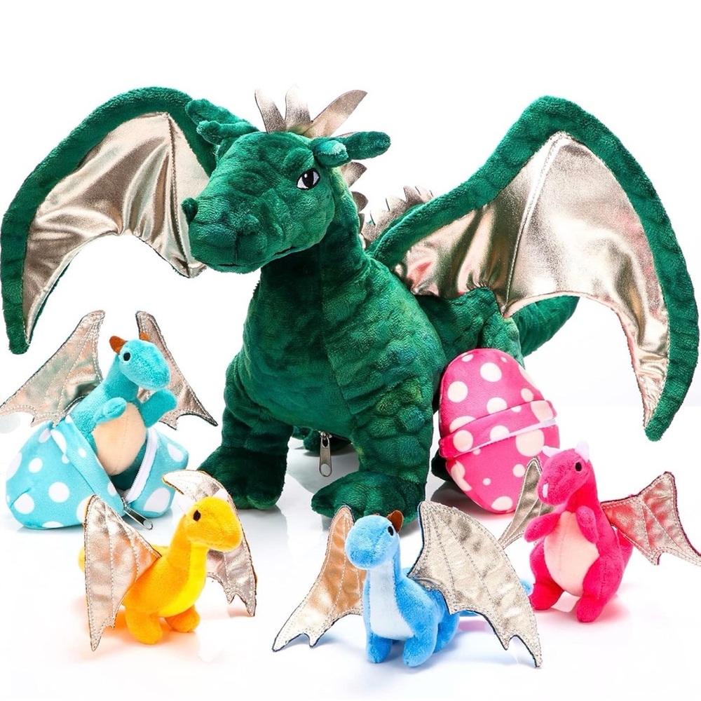 Plush Dragon Toy Set with 4 Babies 2 Eggs